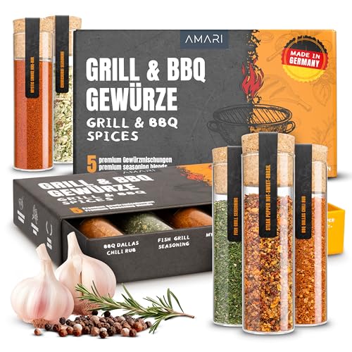 AMARI® GRILL & BBQ Gewürze Set – 5 erlesene Grillgewürze Geschenkset – BBQ Rub Chili Gewürz Gewürzbox Grillen Steak Fleisch Fisch Gewürzmischung Grill von Amari