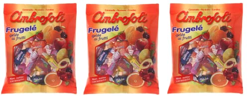 3x Ambrosoli Frugelé Fruchtgelee in den Geschmacksrichtungen Erdbeere, Zitrone, Orange, Schwarzkirsche, Pfirsich und Brombeere 130g Beutel Weiche Fruchtbonbons Bonbons von Ambrosoli