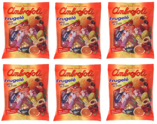 6x Ambrosoli Frugelé Fruchtgelee in den Geschmacksrichtungen Erdbeere, Zitrone, Orange, Schwarzkirsche, Pfirsich und Brombeere 130g Beutel Weiche Fruchtbonbons Bonbons von Ambrosoli