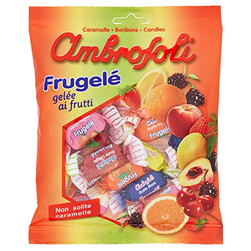 Ambrosoli Frugelé Fruchtgelee in den Geschmacksrichtungen Erdbeere, Zitrone, Orange, Schwarzkirsche, Pfirsich und Brombeere 130g Beutel Weiche Fruchtbonbons Bonbons von Ambrosoli