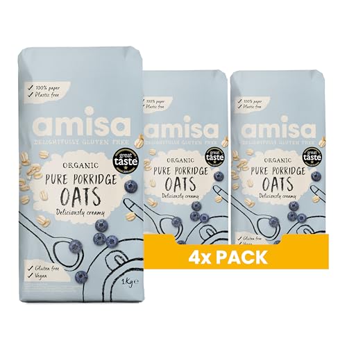 Amisa - Bio-Haferflocken ohne Gluten (4 x 1 kg), reine Vollkornhaferflocken, glutenfreie Frühstückscerealien, ballaststoffreich und natürlich vegan, 100% nachhaltig, plastikfreie Papierverpackung Amisa - Bio-Haferflocken ohne Gluten (4 x 1 kg), reine Vollkornhaferflocken, glutenfreie Frühstückscerealien, ballaststoffreich und natürlich vegan, 100% nachhaltig, plastikfreie Papierverpackung von Amisa