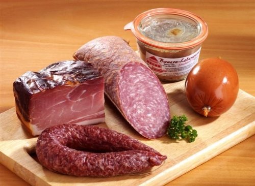 Probierpaket Nr. 88 - mit Katenschinken, Aalrauch-Bauernmettwurst, Drögt-Mettwurst, Aalrauchmettwurst streichfähig und einem Glas Bauern-Leberwurst von Ammerländer Schinkendiele