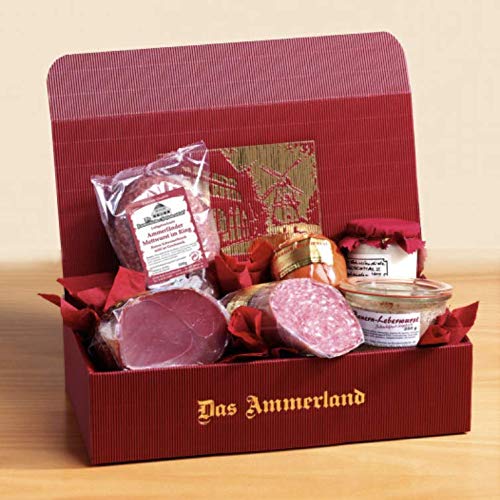 Schinken-Wurst-Präsent Nr. 40 mit Nuss-Schinken, Ammerländer Mettwurst, Aalrauch Mettwurst, Gänse-Schmaus und Leberwurst von Ammerländer Schinkendiele
