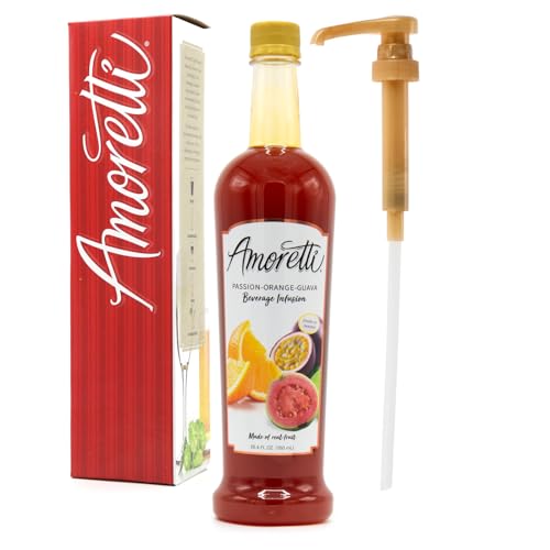 Amoretti Passion-Orange-Guave-Getränke-Aufguss, 94 Portionen pro Flasche (750 ml) – Getränkemischung & Wasserverstärker mit Pumpe zum Aromatisieren von Cocktails, Wasser, Tee und anderen Getränken, von Amoretti