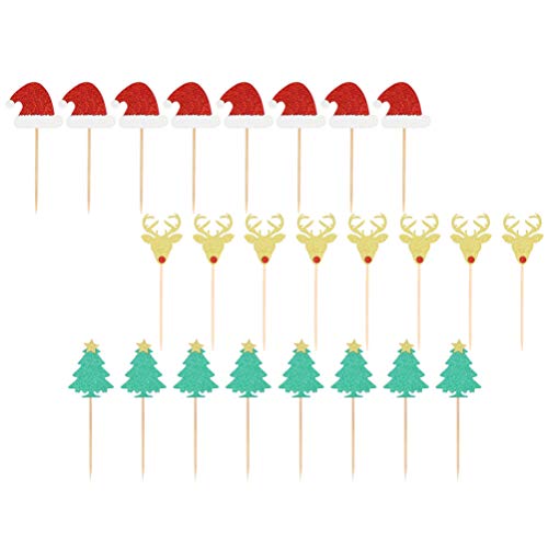 Amosfun 24 Stück Weihnachts-Cupcake-Topper mit Weihnachtsmannmütze, Rentier, Weihnachtsbaum, Glitzer, Kuchendekoration für Feiertage, Weihnachten, Partyzubehör von Amosfun