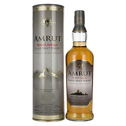 Amrut | Indian Peated Single Malt | 700 ml | 46% Vol. | Fruchtiger Geschmack | Rauch & Eiche | Stark getroft & hoch aromatisch | Auf 1000 Höhenmetern gereift | Mit Geschenkverpackung von Amrut