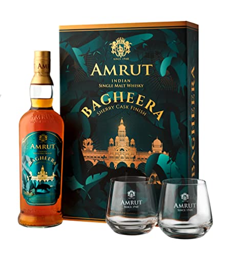 Amrut BAGHEERA Indian Single Malt Whisky Sherry Cask Finish 46% Vol. 0,7l in Geschenkbox mit 2 Gläsern von Amrut