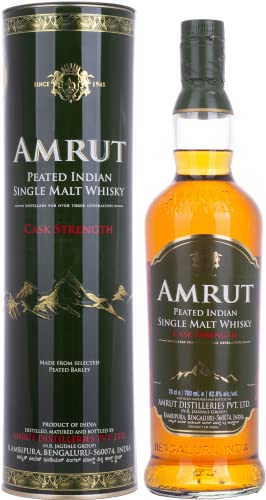 Amrut | Indian Peated Cask Strenght Single Malt | 700 ml | 62,8% Vol. | Lang anhaltender Abgang mit torfigen Noten | Geräucherte Gerste & gesalzene Butter | Mit Geschenkverpackung von Amrut