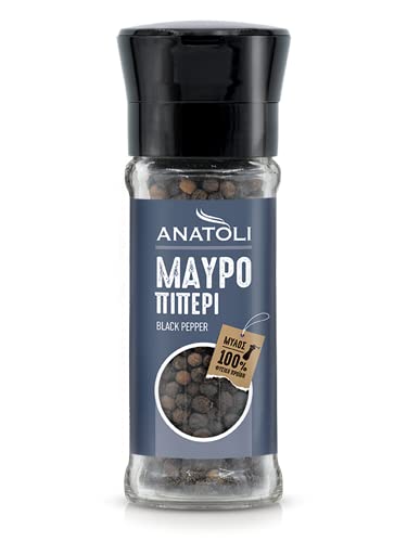 Anatoli schwarzer Pfeffer 45g in Mühle I schwarze Pfeffer Körner in Gewürzmühle aus Glas I mediterran würzen von Anatoli