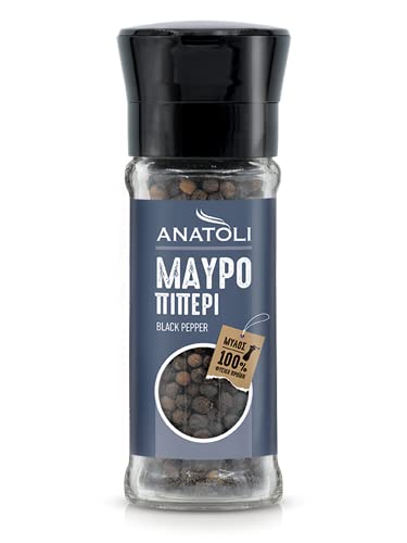 Anatoli schwarzer Pfeffer 45g in Mühle I schwarze Pfeffer Körner in Gewürzmühle aus Glas I mediterran würzen Anatoli schwarzer Pfeffer 45g in Mühle I schwarze Pfeffer Körner in Gewürzmühle aus Glas I mediterran würzen von Anatoli