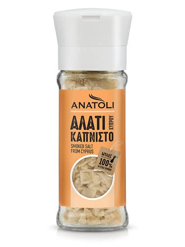 Geräuchertes Salz aus Zypern in Mühle 90g von Anatoli *** Salz Körner grob in Gewürzmühle aus Glas *** mediterran würzen von Anatoli