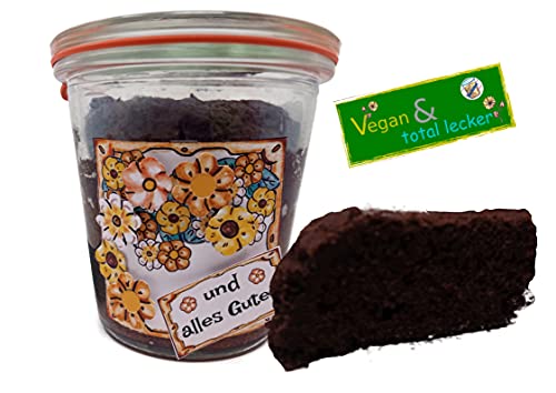 Geburtstagskuchen "Schokolade Vegan" mit Flower-Power-Etikett im Original WECK-Glas mit 140g Inhalt von Andis Backidee Kuchen & Gebäck Eine Idee von A. Tönges