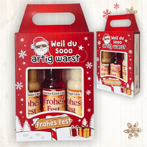 3er Box Weihnachtsliköre - Weil du so artig warst - Nuss Nougat Amarena Kirsch Schoko Sahne Likör | Geschenk zu Weihnachten in schöner Geschenkverpackung von AV Andrea Verlag