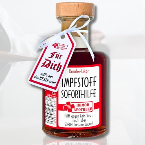 Andrea Verlag 0,2L Apothekerflasche - Kleiner Impfstoff Sofort Hilfe - 32% vol. Kräuterlikör aus der Humorapotheke mit Arztrezept | Humor Apotheke Spaßmedizin Humormedizin von Andrea Verlag