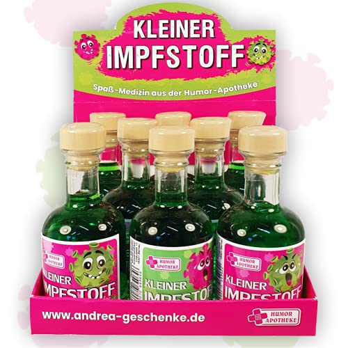 Kleiner Corona Impfstoff | 8 x 0,04l 4cl im Display Box | Pfefferminzlikör Likör | 20% vol. alc. | Humormedizin Spaßmedizin Humorapotheke Humor Apotheke von Andrea Verlag