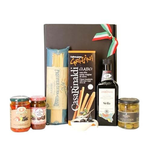 Geschenkset rund um die Olive – Italienisches Delikatessen-Paket: Paté, grüne Oliven, Sugo, Grissini, Pasta & natives Olivenöl Extra V – Mediterraner Genuss für Feinschmecker Geschenkset rund um die Olive – Italienisches Delikatessen-Paket: Paté, grüne Oliven, Sugo, Grissini, Pasta & natives Olivenöl Extra V – Mediterraner Genuss für Feinschmecker von Andronaco
