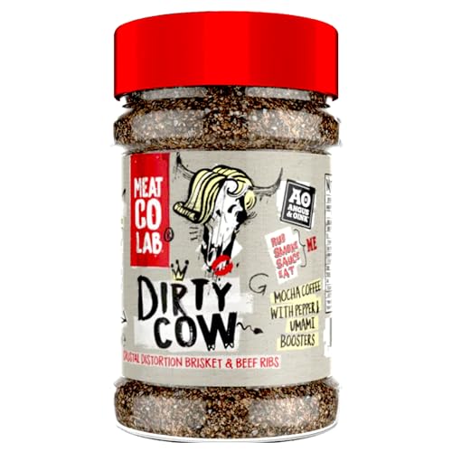 DIRTY COW BEEF BBQ RUB | Maximale Krustenverzerrung und Super-Bellkraft | Perfekt für Rinderbrust und Rinderrippchen | Frischer Kaffee, javanischer Zucker, Chipotle und mehr | GLUTENFREI | 220g von Angus & Oink