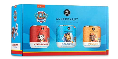 Ankerkraut ‚Jakes Hütte‘ Paw Patrol, Pommes Frites Salz, Bolognese und Keks Gewürz, Gewürze Set mit 3 Gläsern, Überraschung für Kinder, Geschenk-Idee, Lecker zu Hause Kochen, Cartoon-Edition Küche von Ankerkraut