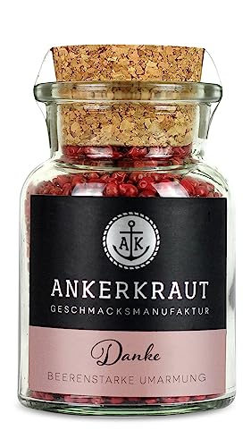 Ankerkraut Dankeschön Gewürz, Rosa Pfeffer ganze Beeren, Danke sagen als Geschenk, Pfefferkörner ganz für die Mühle, Schinusbeere im Glas, 45g im Korkenglas von Ankerkraut