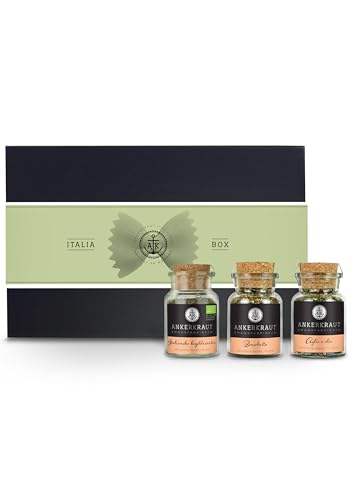 Ankerkraut Gavesæt Italia Selection med 3 forskellige glas med korkprop indeholder Bruschetta, Aglio e olio og Italienske krydderurter, middelhavskøkken, krydderier i luksusboks med banderole Ankerkraut Gavesæt Italia Selection med 3 forskellige glas med korkprop indeholder Bruschetta, Aglio e olio og Italienske krydderurter, middelhavskøkken, krydderier i luksusboks med banderole von Ankerkraut