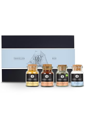 Ankerkraut Gavesæt Traveller Selection med hamborg havne karry, Chili con carne, Italienske krydderurter, Havsalt fint, Krydderier til campingturen, luksusæske med banderole Ankerkraut Gavesæt Traveller Selection med hamborg havne karry, Chili con carne, Italienske krydderurter, Havsalt fint, Krydderier til campingturen, luksusæske med banderole von Ankerkraut