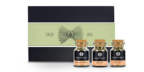 Ankerkraut Geschenk-Set Italia Selection, mit den Gewürzen Bruschetta, Aglio e Olio und italienische Kräuter im Korkenglas, mediterrane Küche, Gewürze in hochwertiger Deluxe-Box mit Banderole von Ankerkraut
