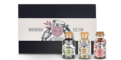 Ankerkraut Geschenk-Set Tea Time, mit Sencha Rosengarten, Ingwer Frische und Gebrannte Mandeln, grüner Tee, Kräutertee, Früchtetee in Deluxe Box mit Banderole von Ankerkraut