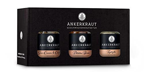 Ankerkraut Geschenkset Dips, Geschenk-Box mit 3 Gewürzen für Dips im Korkenglas, Tzatziki, Patatas Bravas und Sour-Cream & Onion in Gewürzgläser von Ankerkraut