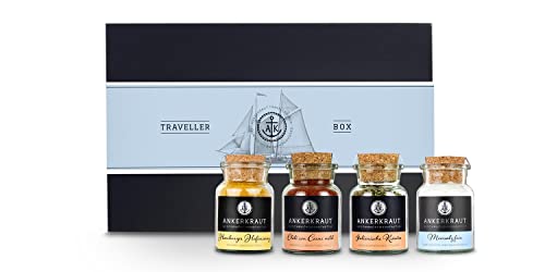 Ankerkraut Geschenk-Set Traveller Selection, mit Chili con Carne, Hamburger Hafencurry, Meersalz fein und italienische Kräuter im Korkenglas, Gewürze für Camping-Ausflüge, Deluxe-Box mit Banderole von Ankerkraut