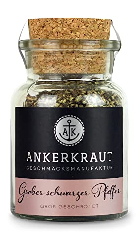 Ankerkraut Grober schwarzer Pfeffer, Pfeffer zum Kochen und Grillen oder in Kombination mit Olivenöl auf Baguette, 70g im Korkenglas von Ankerkraut