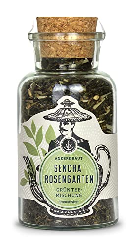 Ankerkraut Sencha Rosengarten Grüntee, grüner Tee lose für ca. 8 Liter, mit gefrier-getrockneten Erdbeeren, zuckerfrei, lecker, heiß genießen, ohne Zusatzstoffe, 80 g im Korkenglas von Ankerkraut