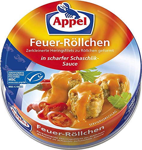 Appel Feuer-Röllchen, aus zerkleinerten Heringsfilets in scharfer Schaschlik-Sauce, MSC zertifiziert, 200 g Appel Feuer-Röllchen, aus zerkleinerten Heringsfilets in scharfer Schaschlik-Sauce, MSC zertifiziert, 200 g von Appel
