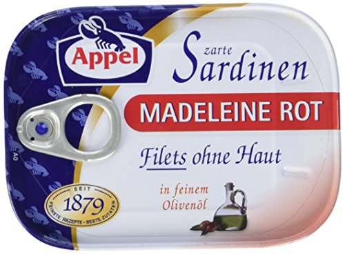 Appel Sardinenfilets - Zarte Ölsardinen Madeleine rot – Feine Fischfilets in aromatischem Olivenöl, ohne Haut - 10 x 105 g von Appel