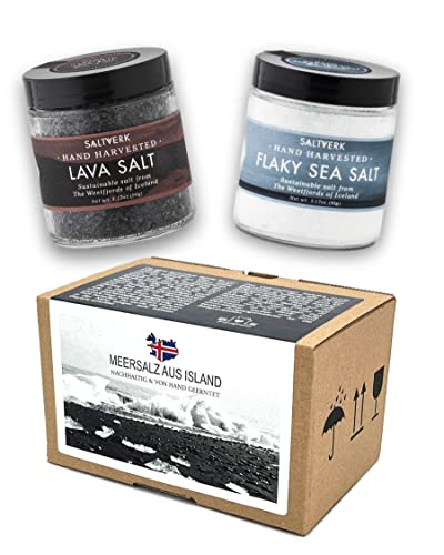 2er Geschenk-Set Saltverk Island Meersalz Flakes Natur und Lavasalz Meersalz mit Aktivkohle (2x 90g Glas im Geschenkkarton) von AproposGeschenk