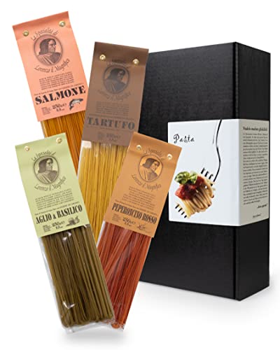 Apropos Geschenk - italienische Geschenkbox mit Pasta - Nudelkiste - Bandnudeln mit Chili, Lachs, Trüffel und Knoblauch-Basilikum - Präsentkorb von AproposGeschenk