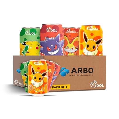 Pokemon 4er Pack je 355ml Pikachu, Evoli. Genger, Fynx Erfrischungsgetränk Pfirsich, Limette, Erdbeere, Lychee Geschmack Soda mit Kohlensäure Drink + ArBo-Living Packing & Sticker von ArBo-Living