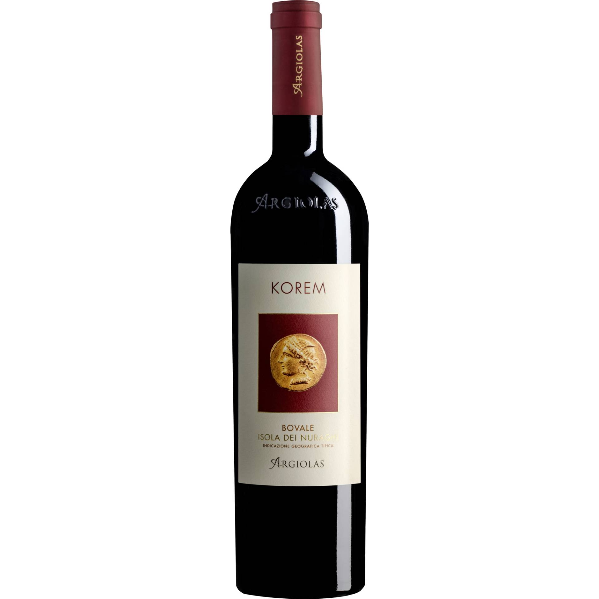 Argiolas Korem Isola Rosso, Isola dei Nuraghi IGP, Sardinien, 2021, Rotwein von Argiolas Spa, Serdiana (CA), Via Roma 56/58
