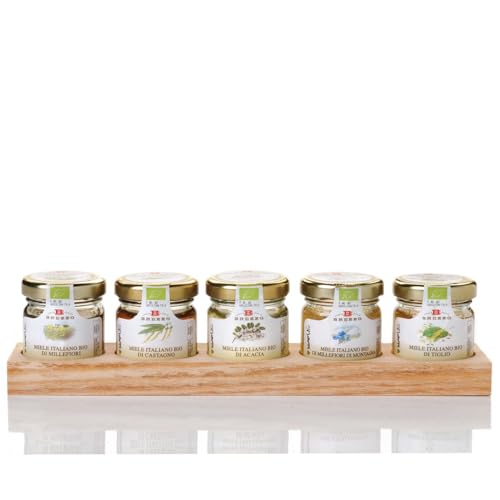 Honig Bio Geschenkset | Kastanienhonig - Akazienhonig - Orangenhonig - Wildblütenhonig - Lindenhonig | Minigläser auf Holztablett | 5x35g von Aromataste