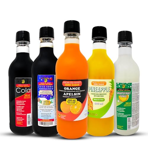 5er-Pack Aromhuset-Limonadenkonzentrat - Cola, Grapefruit-Tonic, Orangen, Julmust Yule Soda och Ananas von Aromhuset