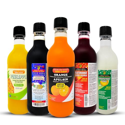 5er-Pack Aromhuset-Limonadenkonzentrat - Grapefruit-Tonic, Orangen, Blutorangen, Julmust Yule Soda och Ananas von Aromhuset