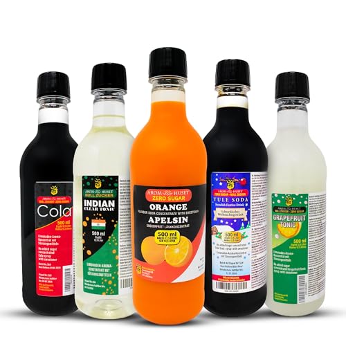 5er-Pack Aromhuset-Limonadenkonzentrat - Indian Tonic, Cola, Grapefruit-Tonic, Orangen och Julmust Yule Soda von Aromhuset