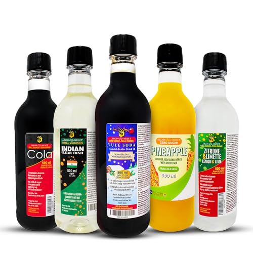 5er-Pack Aromhuset-Limonadenkonzentrat - Indian Tonic, Cola, Julmust Yule Soda, Zitrone-Limette och Ananas von Aromhuset