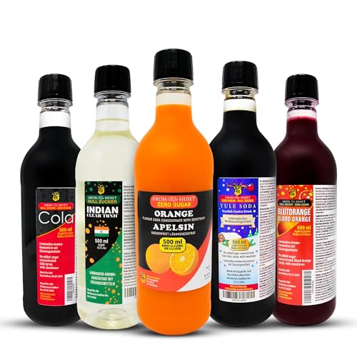 5er-Pack Aromhuset-Limonadenkonzentrat - Indian Tonic, Cola, Orangen, Blutorangen och Julmust Yule Soda von Aromhuset