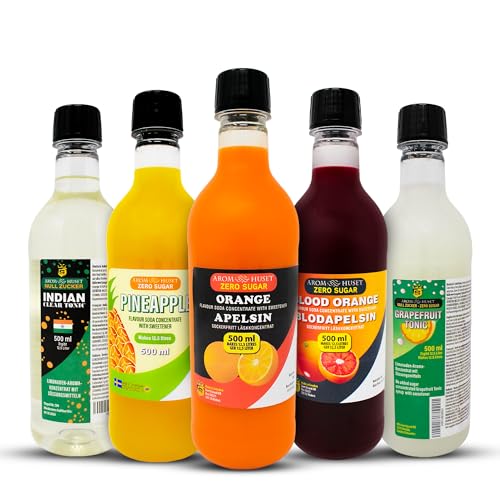 5er-Pack Aromhuset-Limonadenkonzentrat - Indian Tonic, Grapefruit-Tonic, Orangen, Blutorangen och Ananas von Aromhuset