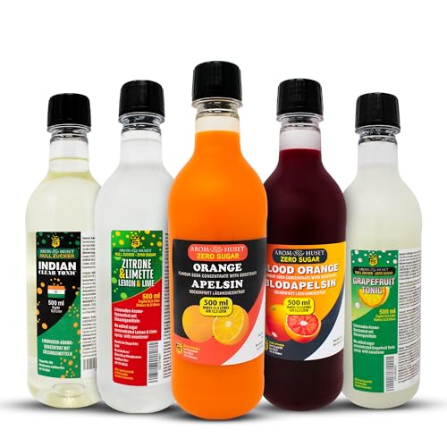5er-Pack Aromhuset-Limonadenkonzentrat - Indian Tonic, Grapefruit-Tonic, Orangen, Blutorangen och Zitrone-Limette von Aromhuset