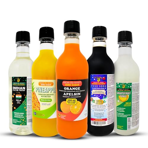 5er-Pack Aromhuset-Limonadenkonzentrat - Indian Tonic, Grapefruit-Tonic, Orangen, Julmust Yule Soda och Ananas von Aromhuset