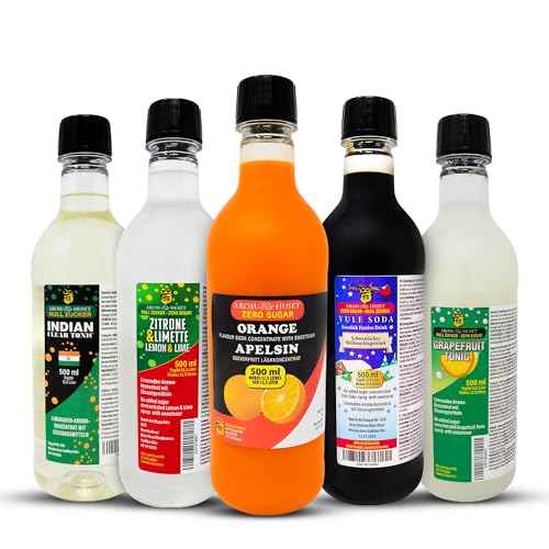 5er-Pack Aromhuset-Limonadenkonzentrat - Indian Tonic, Grapefruit-Tonic, Orangen, Julmust Yule Soda och Zitrone-Limette von Aromhuset