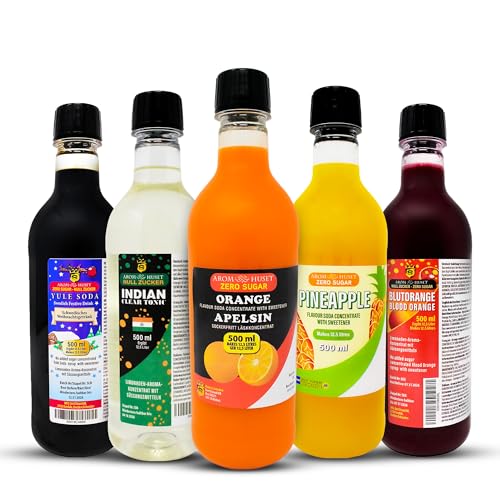 5er-Pack Aromhuset-Limonadenkonzentrat - Indian Tonic, Orangen, Blutorangen, Julmust Yule Soda och Ananas von Aromhuset