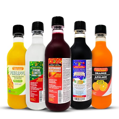 5er-Pack Aromhuset-Limonadenkonzentrat - Orangen, Blutorangen, Julmust Yule Soda, Zitrone-Limette och Ananas von Aromhuset