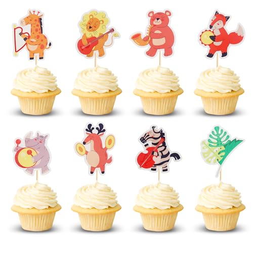Arthsdite Cupcake-Aufsätze, Dschungeltiere mit Musikinstrument, Löwe, Bär, Fuchs, Zebra, Cupcake-Picks, tropische Blätter, Kuchen, Party-Dekorationen, 24 Stück Arthsdite Cupcake-Aufsätze, Dschungeltiere mit Musikinstrument, Löwe, Bär, Fuchs, Zebra, Cupcake-Picks, tropische Blätter, Kuchen, Party-Dekorationen, 24 Stück von Arthsdite